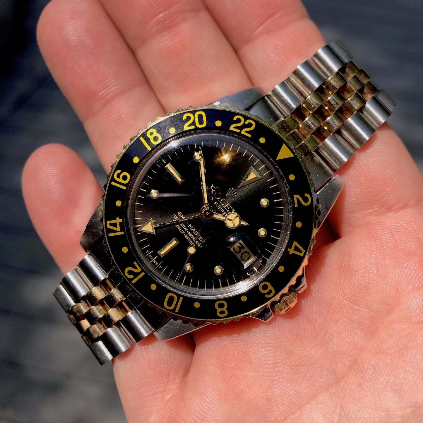 Vintage Rolex GMT MASTER 1675 Radial Dial Black Tiger Eye Nipple Two Tone Jubilee Bracelet Wristwatch Circa 1978 LNOS - Hashtag Watch Company