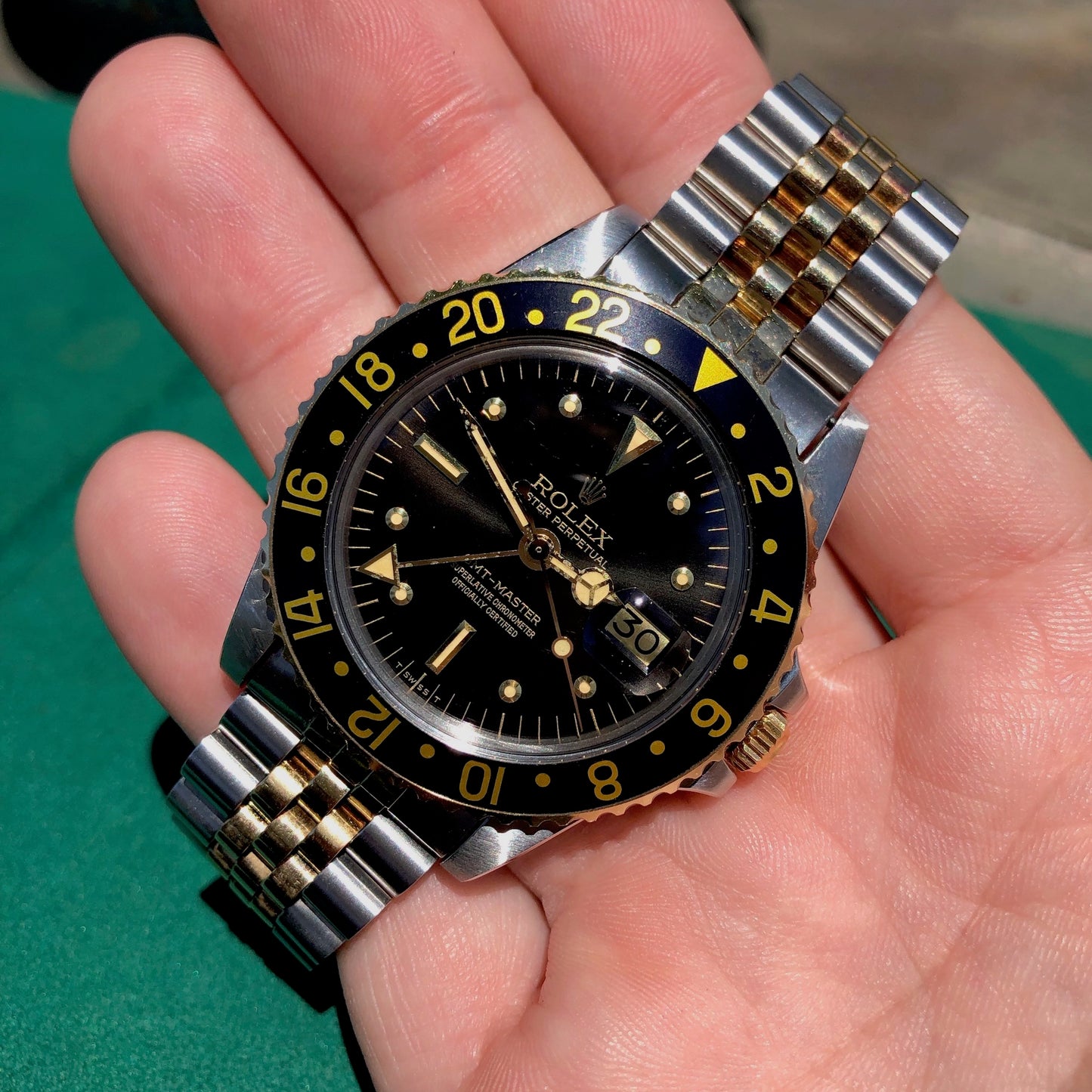 Vintage Rolex GMT MASTER 1675 Radial Dial Black Tiger Eye Nipple Two Tone Jubilee Bracelet Wristwatch Circa 1978 LNOS - Hashtag Watch Company