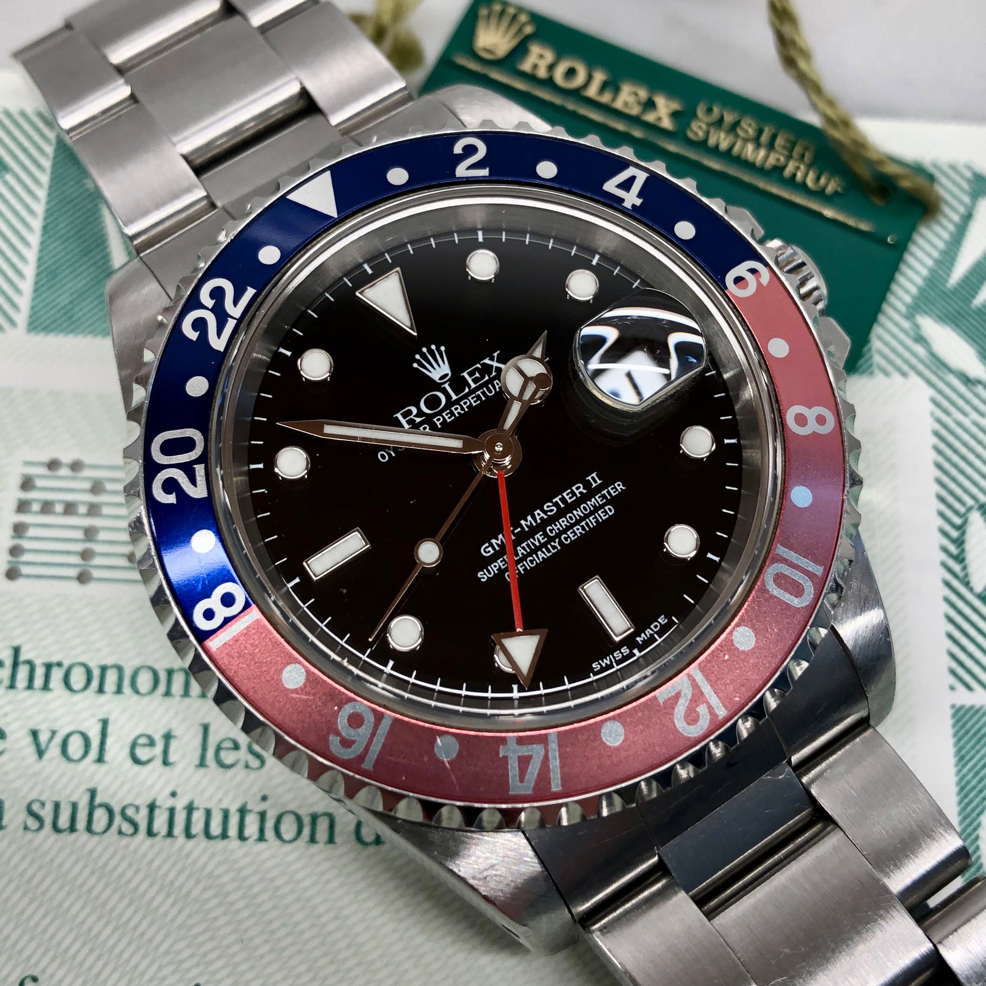 1999 Rolex GMT MASTER II 16710 Oyster Wristwatch with Tag and Papers | HashtagWatchCo
