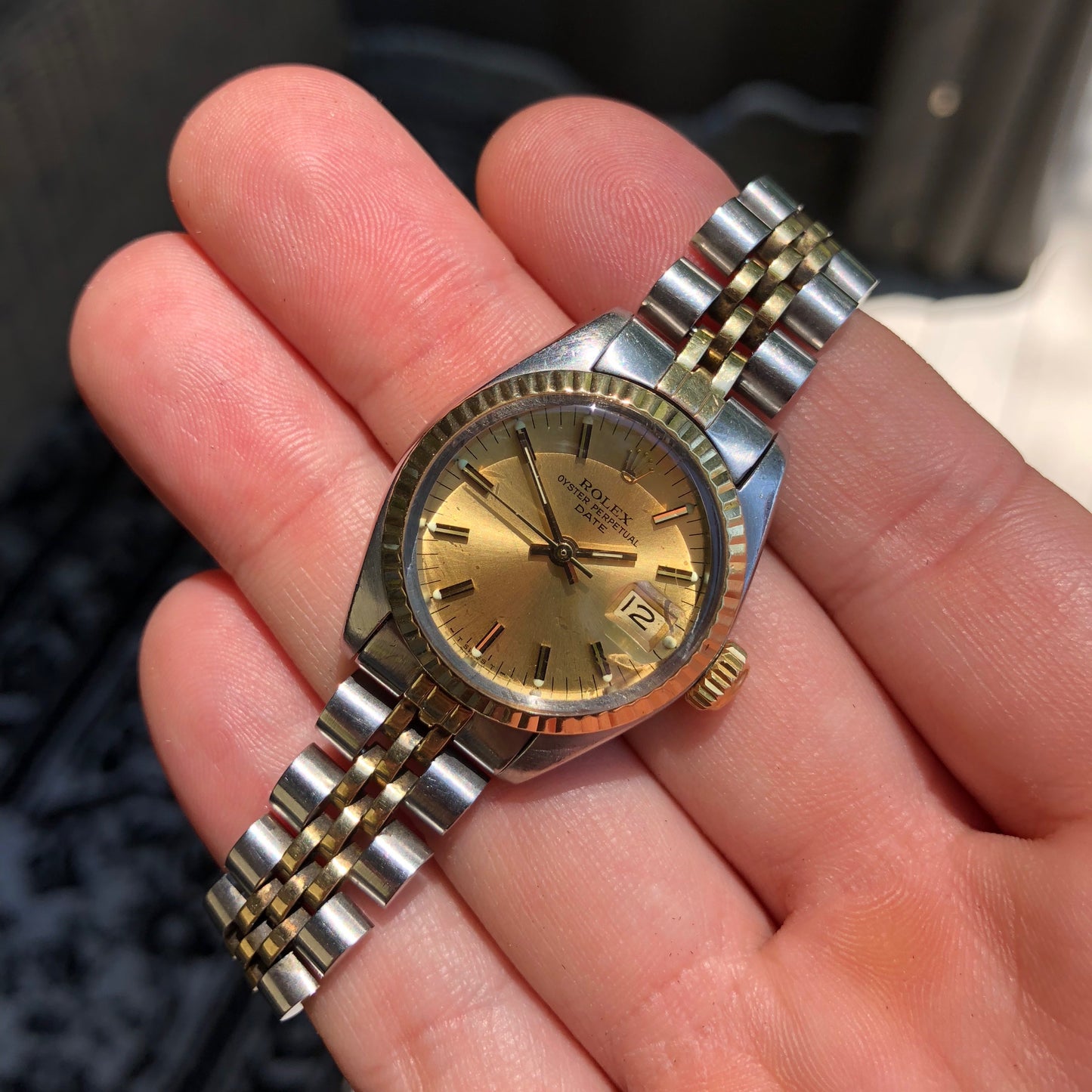 Vintage Rolex Date 6917 Ladies Two Tone Champagne Stick Steel 18K Wristwatch Circa 1979 - Hashtag Watch Company